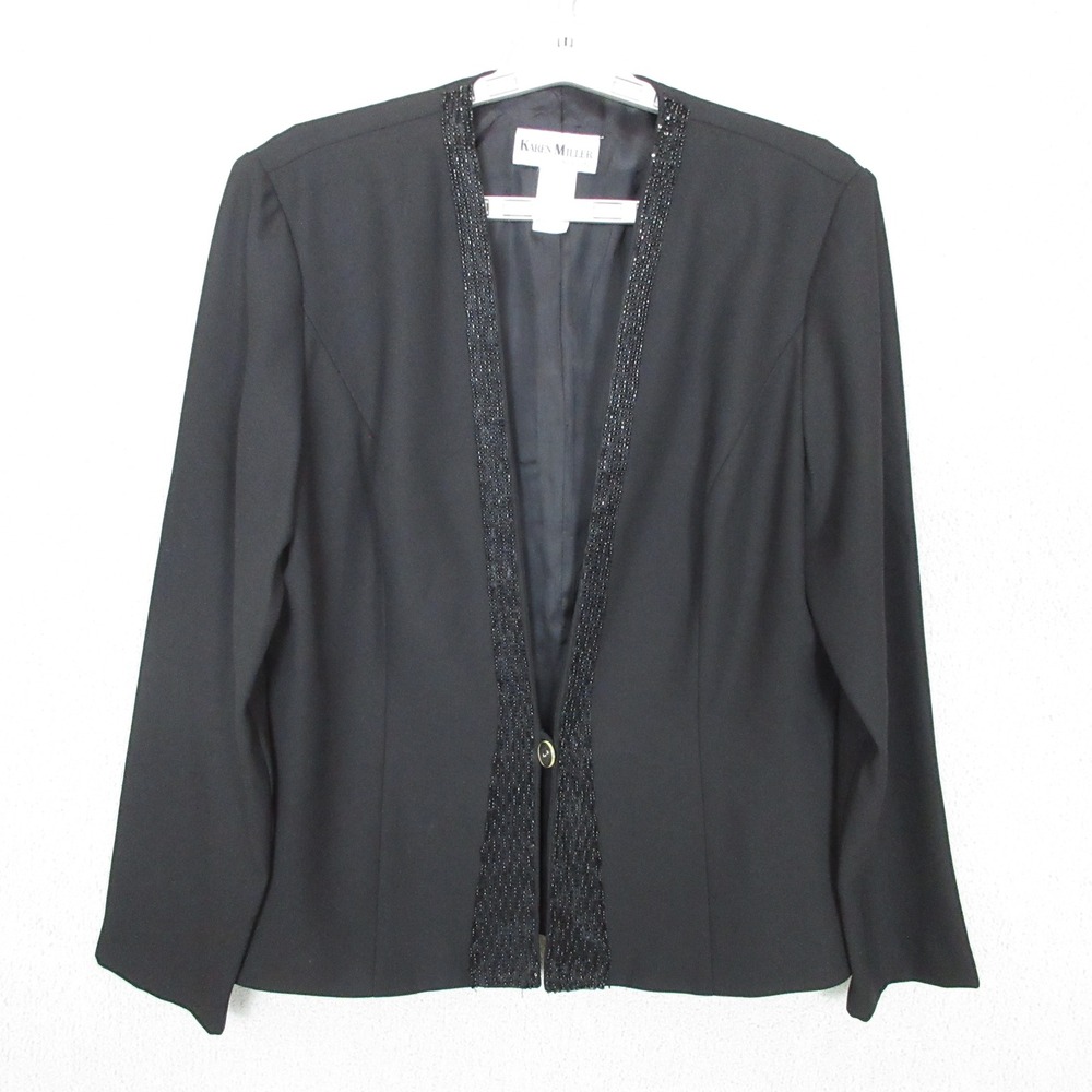 VTG Karen Miller New York Black Beaded Trim Career Blazer Size 12 Made in USA
